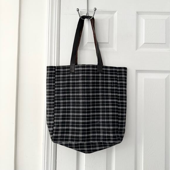 FEED Black White Grid Plaid Brown Leather Strap Tote Bag Nest Artisans - Picture 8 of 11
